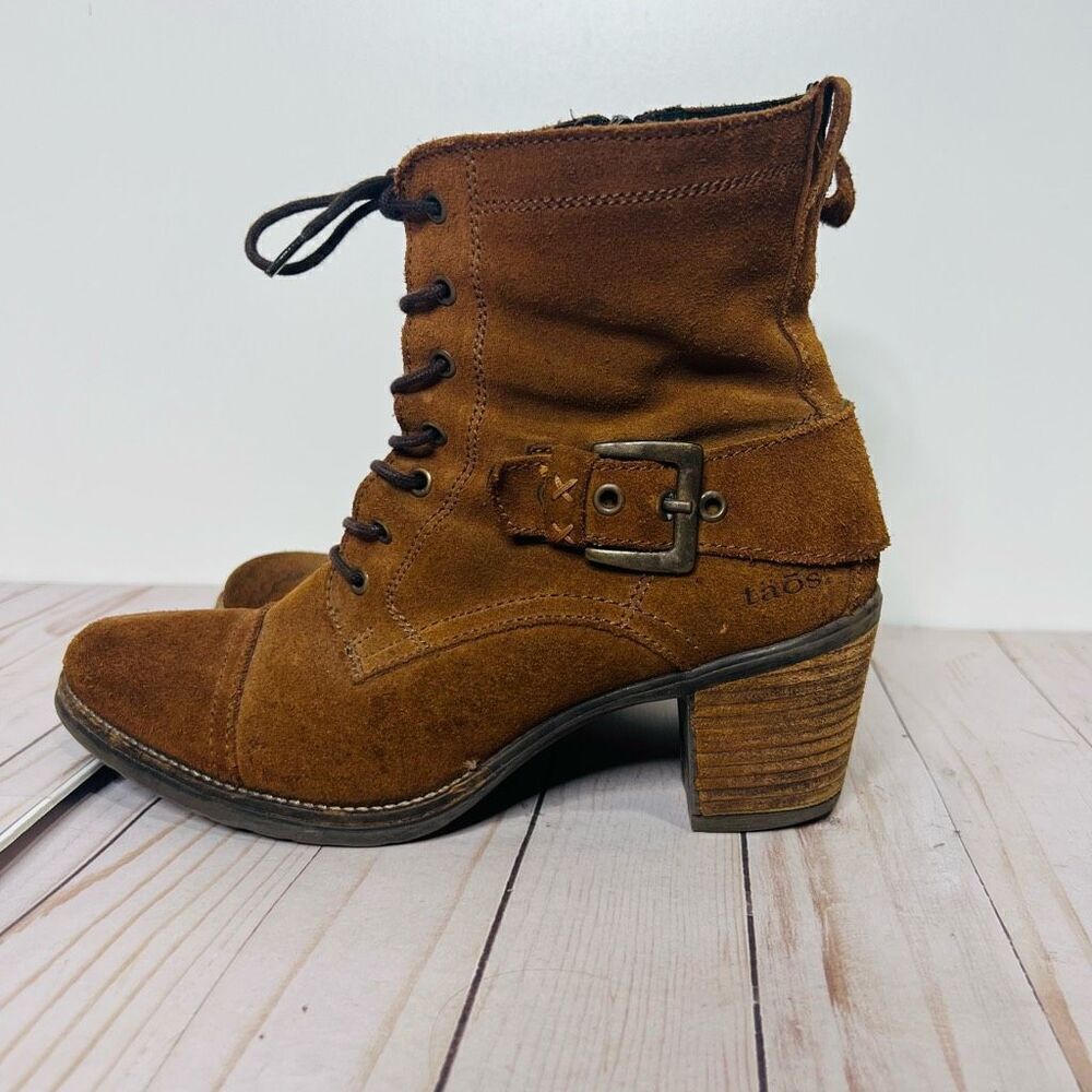 Taos Brown Suede Leather Ankle Heeled Boots Lace Up Sz 41